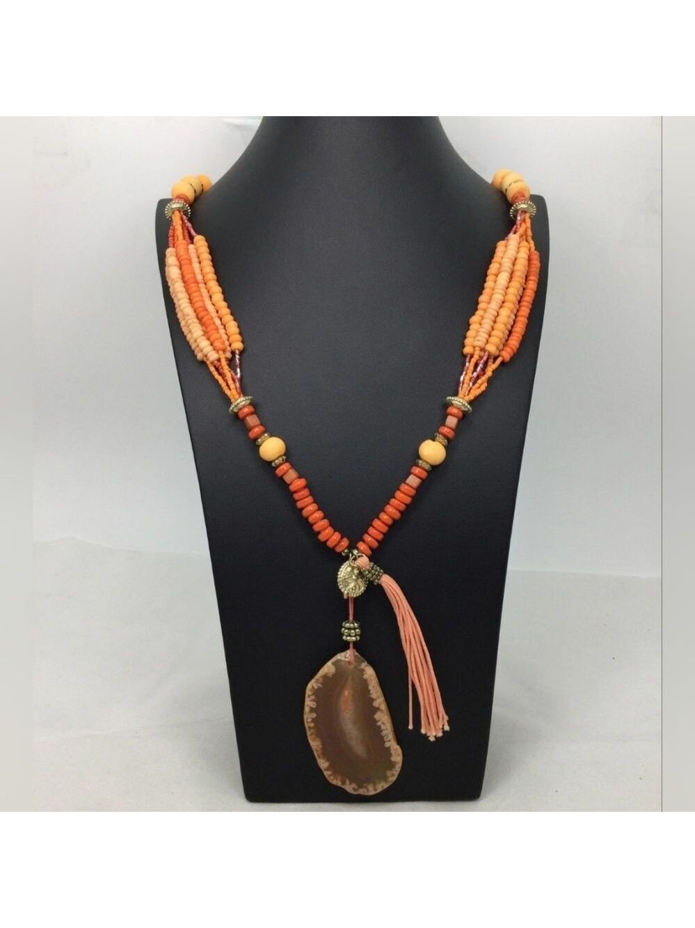 Chico's Shades Of Orange Agate Pendant Long Beaded Necklace 32" EUC